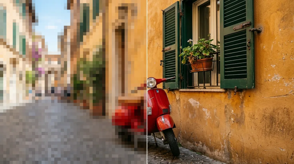 Before and after: a pixelated photo of a red scooter on a street in Rome and the same photo converted to sharp HD