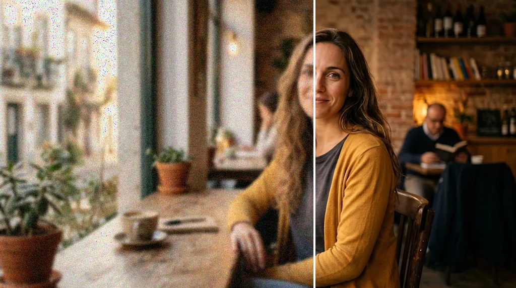 Before and after: a blurry, grainy portrait of a woman and the same portrait sharp and clean