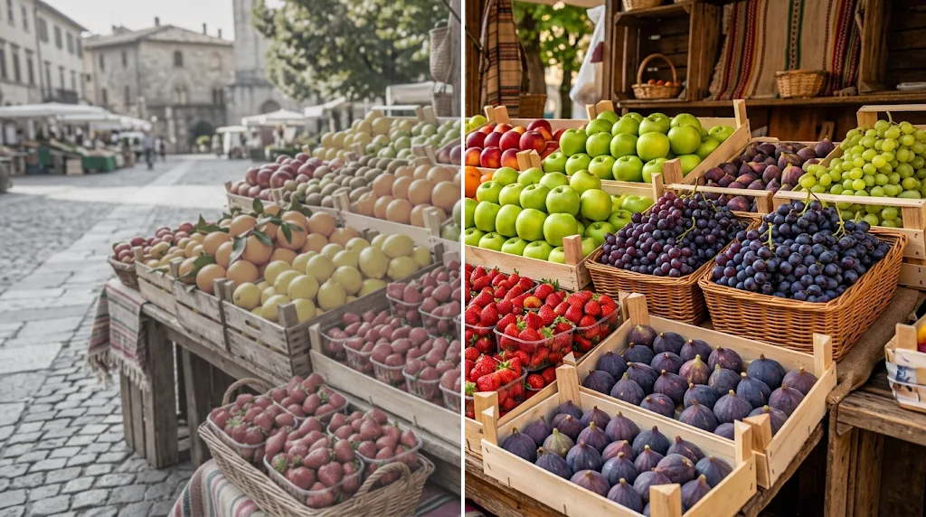Before and after: a dull, washed-out photo of a fruit stall and the same photo with vivid colour