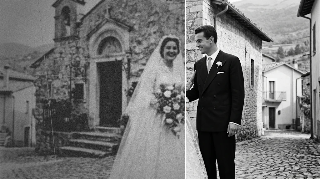 Before and after: a faded, scratched vintage photo of a couple and the same photo restored