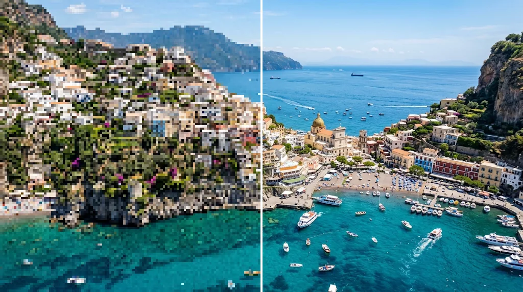 Before and after: a pixelated photo of a coastal village and the same view in sharp high resolution
