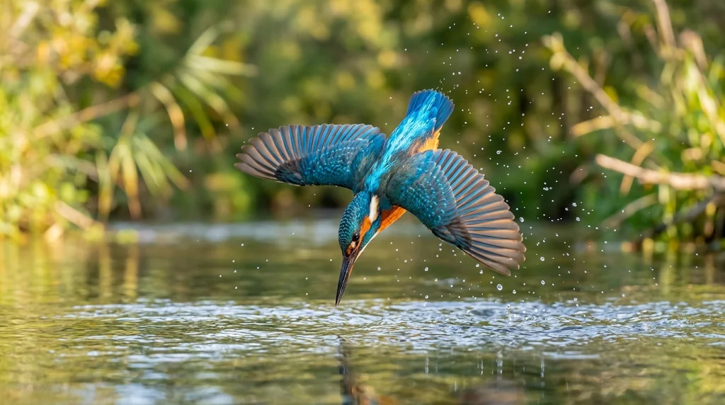 A kingfisher diving into a river, blurry and dull before, sharp and vivid after enhancement (after)