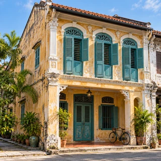 Original Penang heritage shophouse with teal shutters