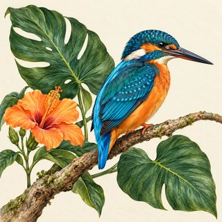 Original kingfisher botanical illustration