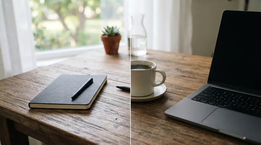 Before and after: a table with a pen brushed over and the same table with a cup of coffee in its place