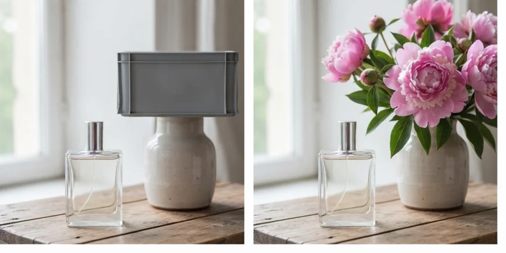 Before and after: a product shot with a dull prop replaced by fresh flowers