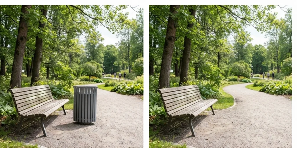Before and after: a park bench with a rubbish bin and the same bench without it