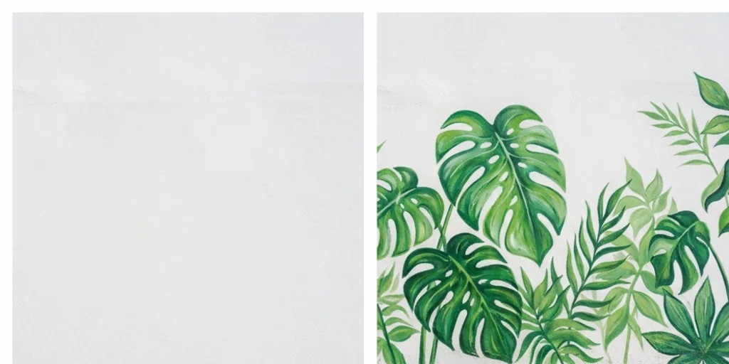 Before and after: a plain wall and the same wall with a painted plant added