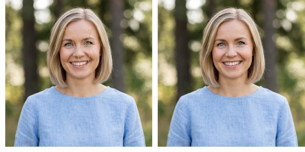 Before and after: a portrait with stray hairs and the same portrait cleaned
