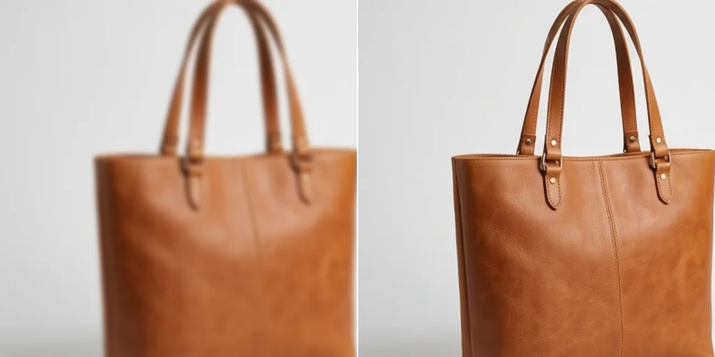 Before and after: a soft product photo of a leather bag and the same photo sharpened