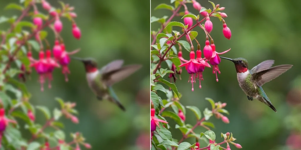 Before and after: a soft photo of a hummingbird and the same photo sharpened