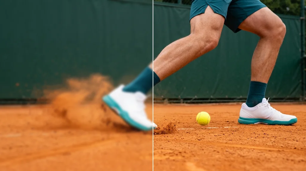 Before and after: a soft photo of running shoes on a clay court and the same photo sharpened