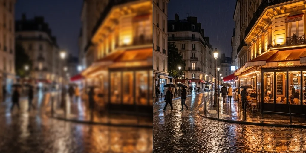 Before and after: a blurry street scene at night and the same scene sharpened