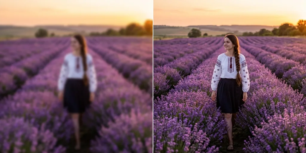 Before and after: a soft portrait of a woman in a field and the same portrait sharpened