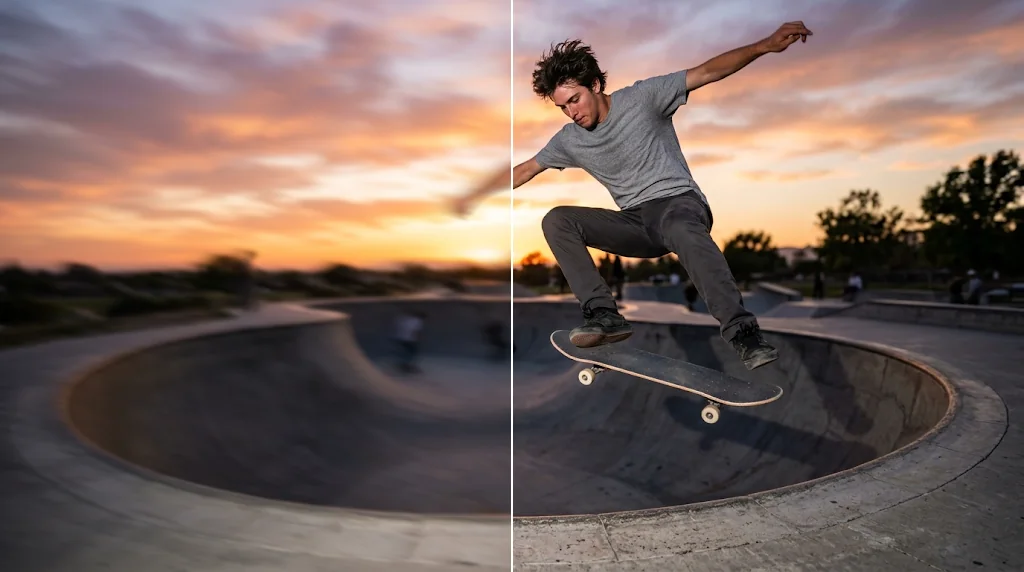 Before and after: a motion-blurred photo of a skateboarder mid-air at sunset and the same photo sharpened