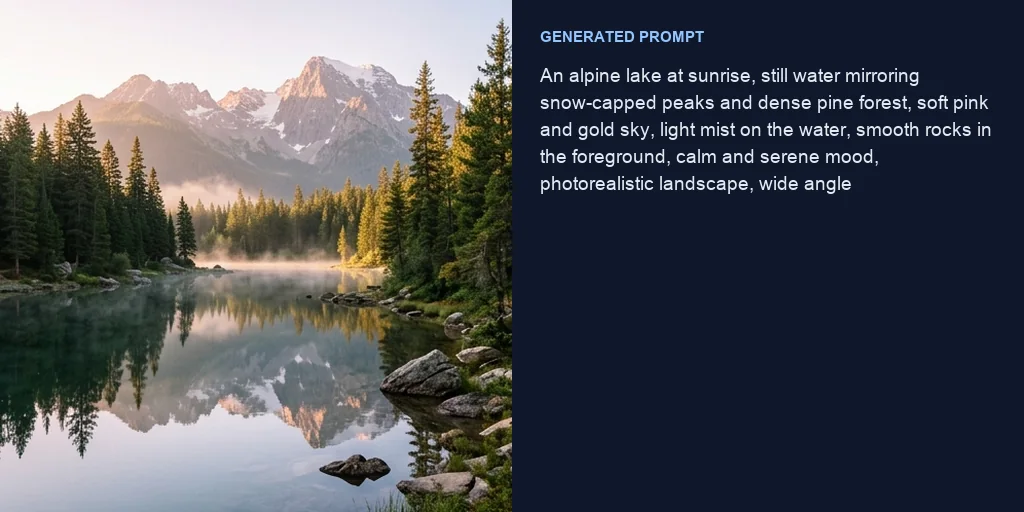 An alpine lake photo next to the prompt written from it