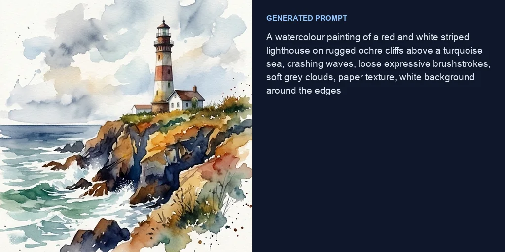 A watercolour lighthouse next to the prompt written from it