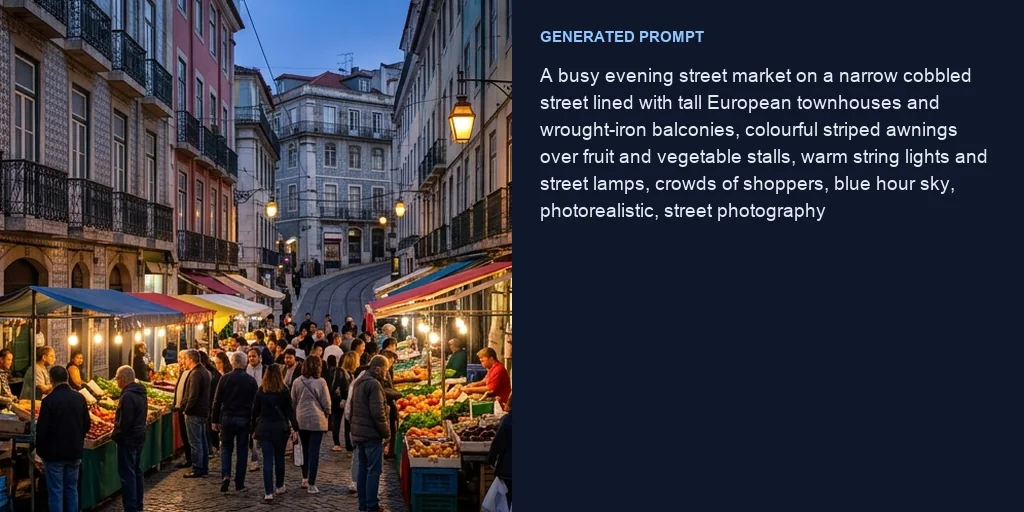 A street photo with a written description beside it