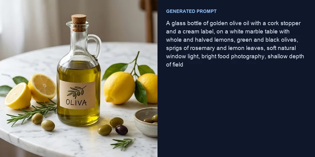 A product photo with its generated prompt for marketing copy