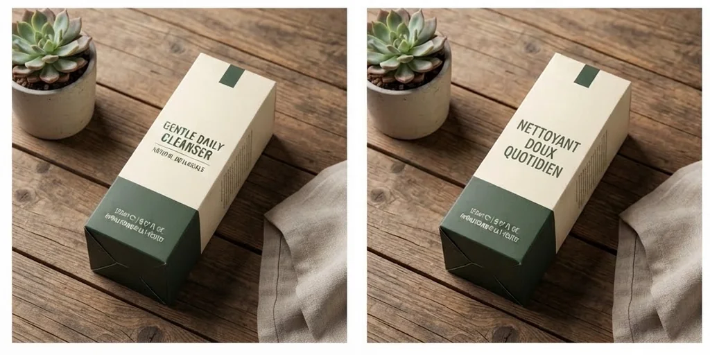 A packaging photo before and after translation with the design unchanged