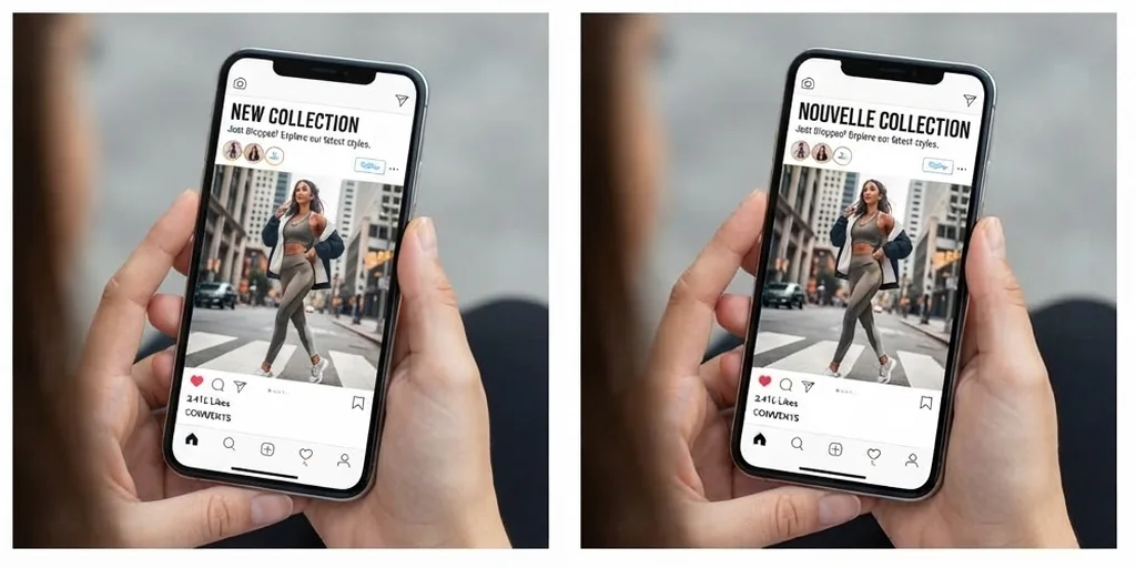 A social post on a phone translated into French