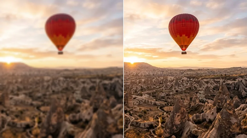 Before and after: a soft, low-resolution crop of a hot-air balloon over rocky valleys at sunrise and the same crop upscaled and sharp