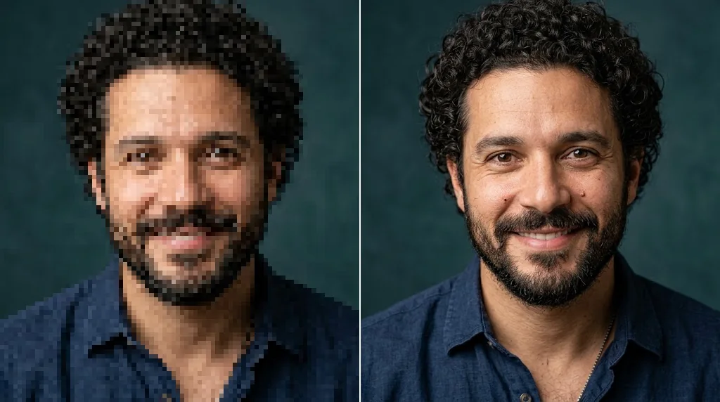 Before and after: a pixelated close-up portrait of a man with curly hair and the same portrait upscaled with sharp skin and hair detail