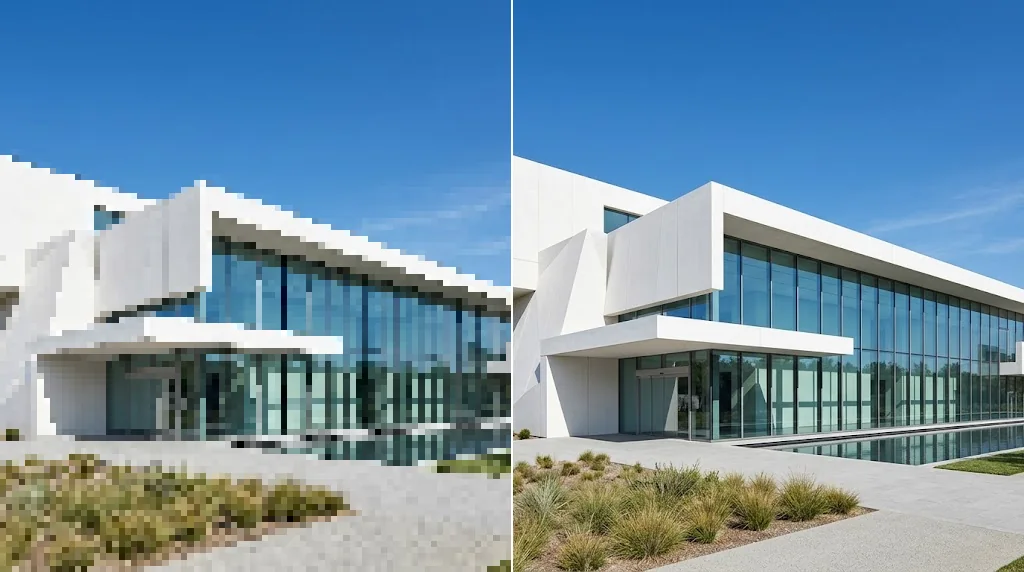 Before and after: a jagged, pixelated photo of a modern white building and the same photo with crisp straight edges