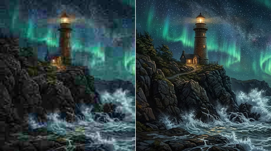 Before and after: a noisy, blocky painting of a lighthouse under the aurora and the same painting upscaled and clean