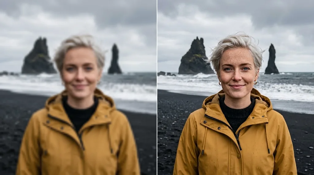 Before and after: a pixelated photo of a woman in a yellow raincoat on a black-sand beach and the same photo upscaled and sharp