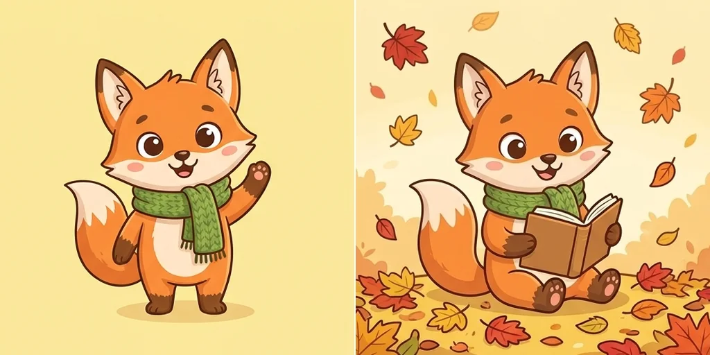 A cartoon fox character and a new variation reading in autumn leaves