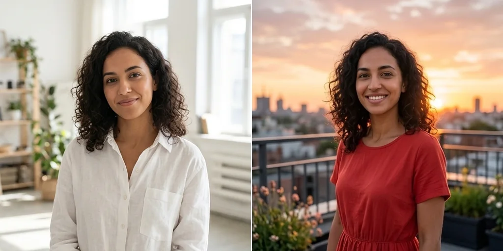 The same woman in a new outfit on a rooftop at sunset