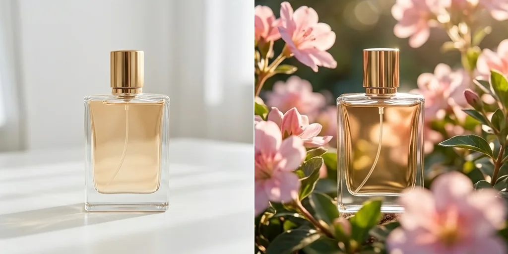 A perfume bottle shown from a new angle among pink flowers