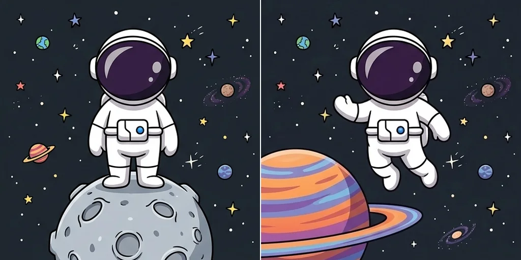 A cartoon spaceman in a new variation beside a ringed planet