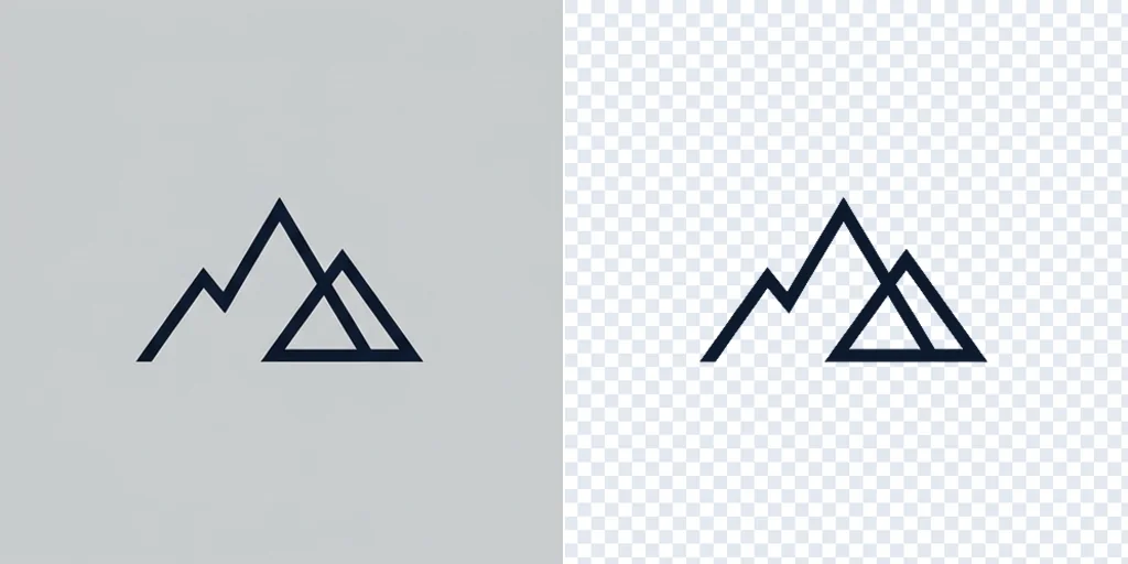 Before and after: a mountain logo on a grey square and the same logo cut out