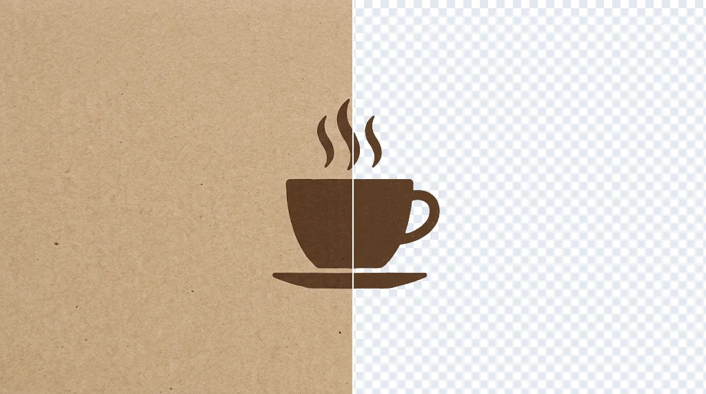 Before and after: a coffee cup logo on beige kraft card and the same logo on a transparent background