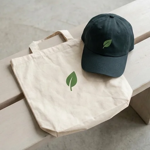 Transparent logo printed on a tote bag and a cap