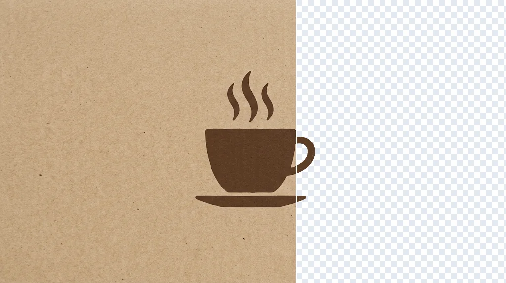 Before and after: a logo on a coloured background and the same logo cut out on transparency