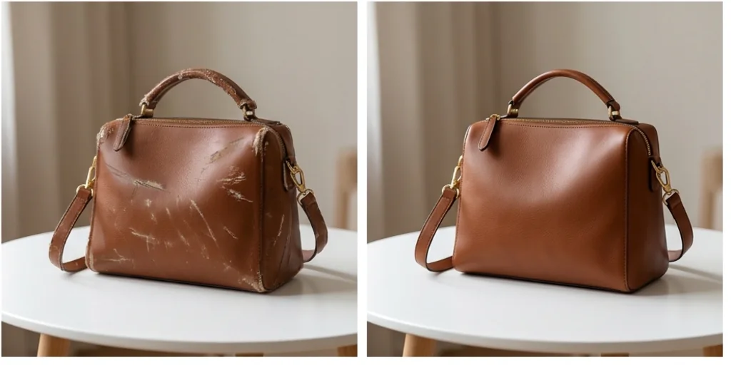 Before and after: a leather bag photo with scratches and the same bag clean