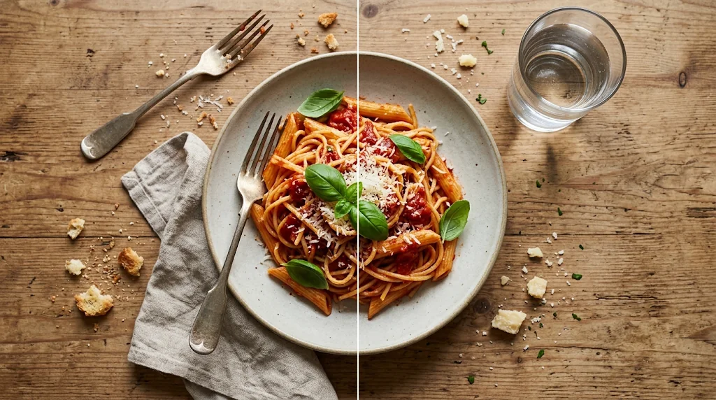 Before and after: a food photo with crumbs and a stray fork and the same photo clean