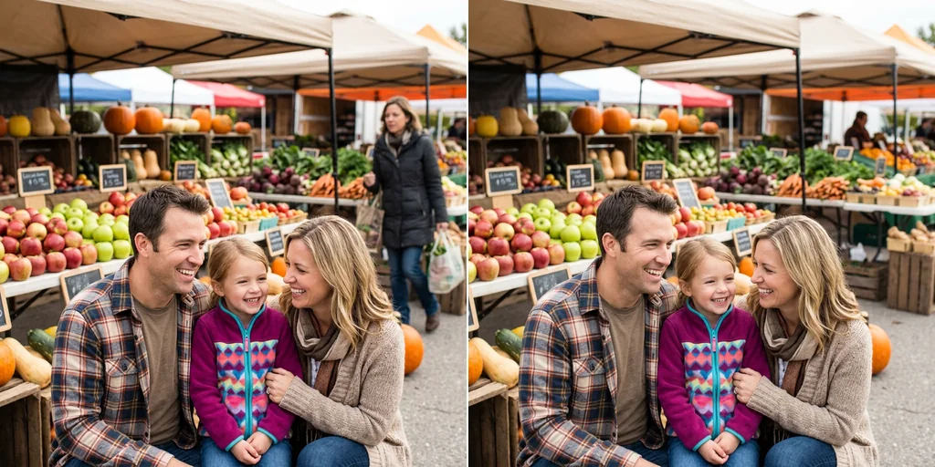 Before and after: a family photo at a market with a stranger behind and the same photo without them
