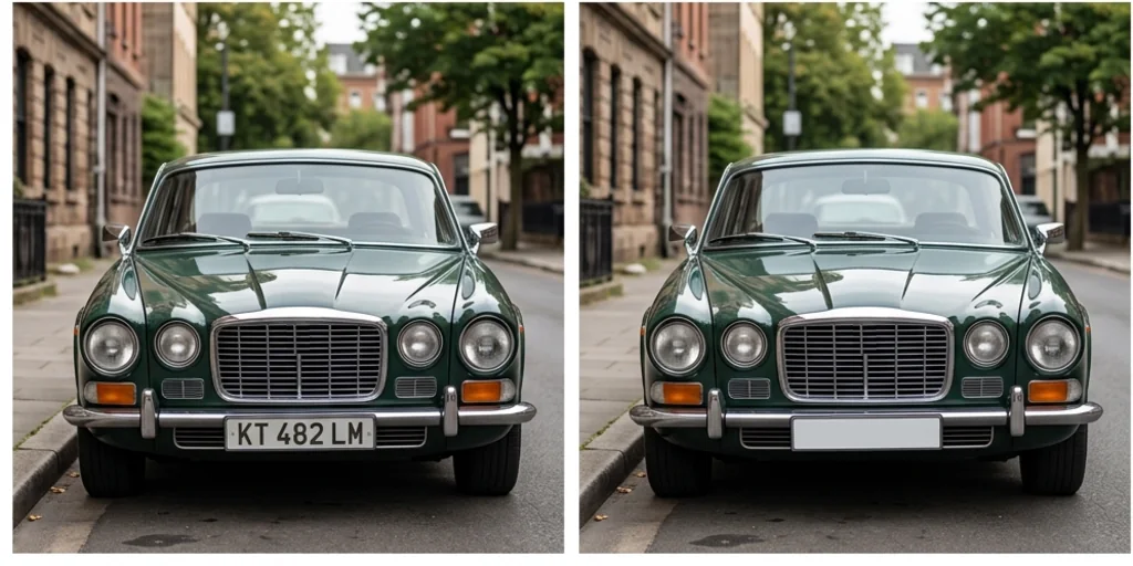 Before and after: a car photo with a visible number plate and the same photo with it removed