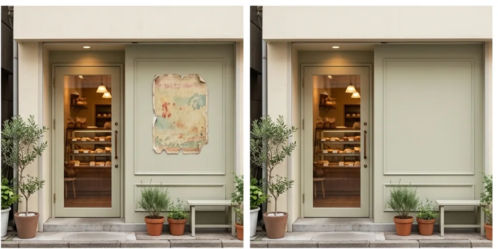 Before and after: a shopfront photo with an old poster and the same shopfront clean