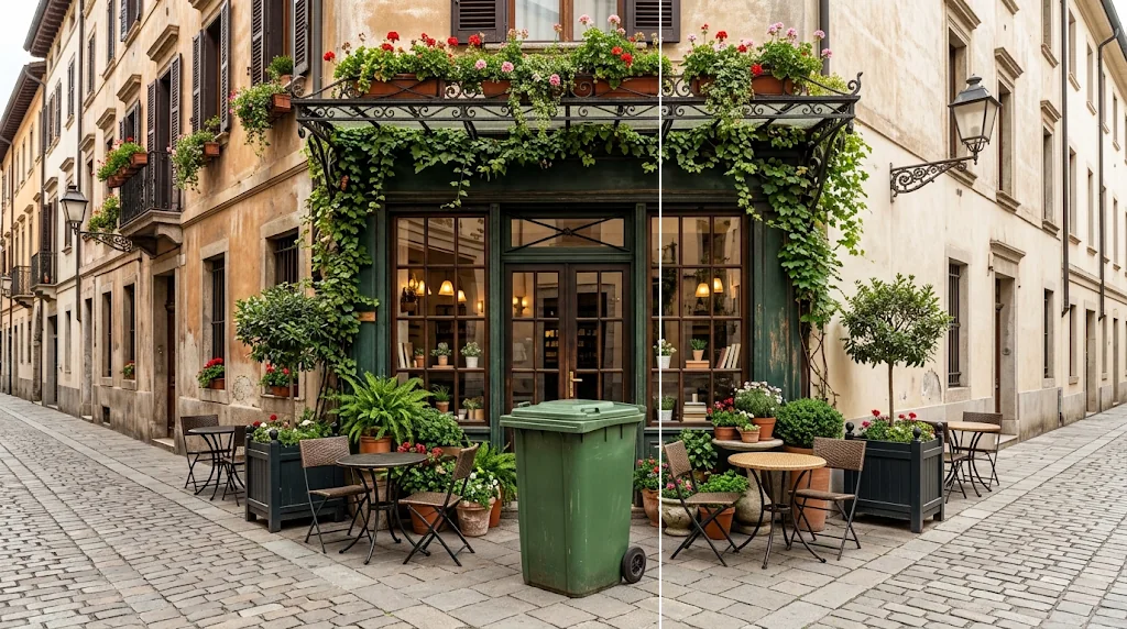 Before and after: a street photo with a rubbish bin in front of a cafe and the same photo with it removed