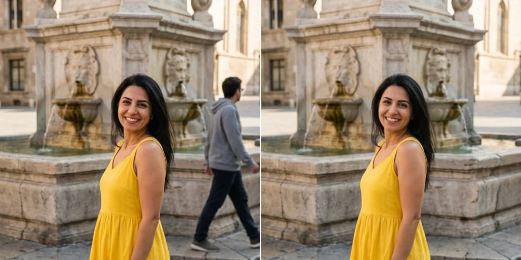 Before and after: a portrait at a fountain with a stranger behind and the same photo without them