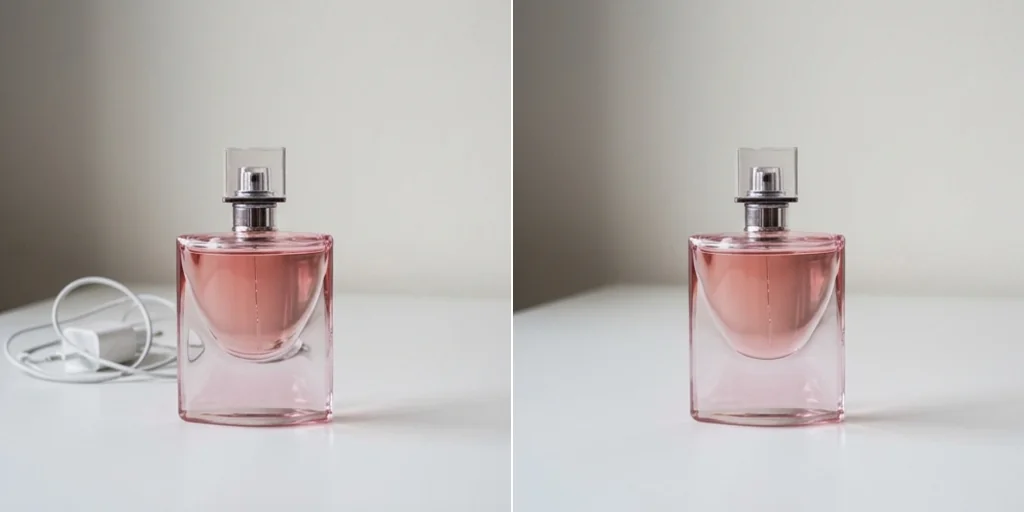 Before and after: a perfume bottle photo with a phone charger behind it and the same photo clean