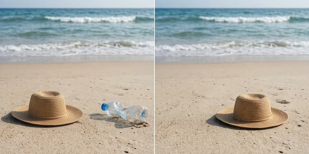 Before and after: a beach photo with a plastic bottle in the sand and the same photo clean