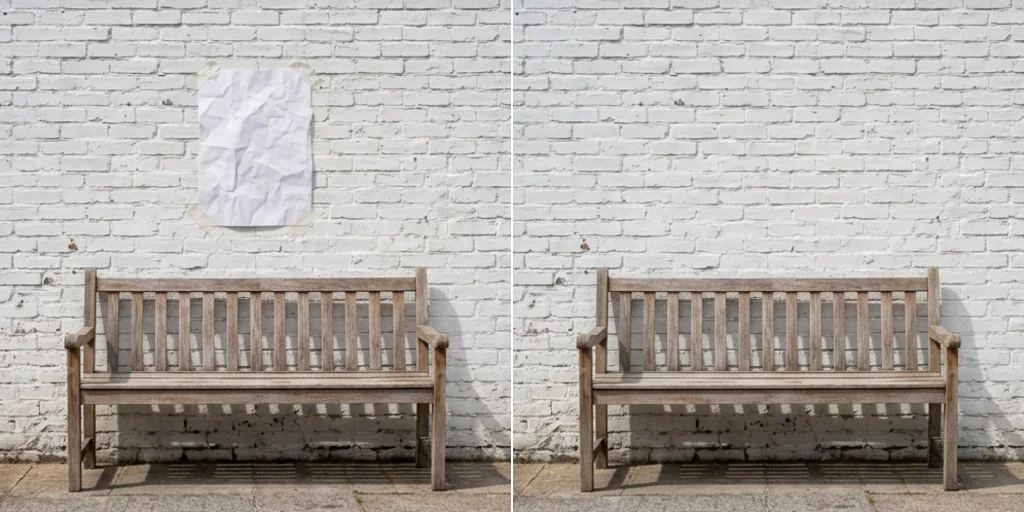 Before and after: a wall with a paper sign taped to it and the same wall clean