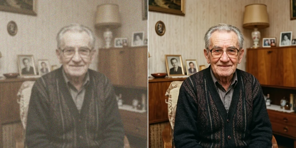 Before and after: a dull vintage portrait of a grandfather and the same portrait with restored tone and detail