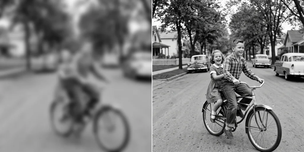 Before and after: a blurry 1950s photo of two children riding a bicycle and the same photo sharpened